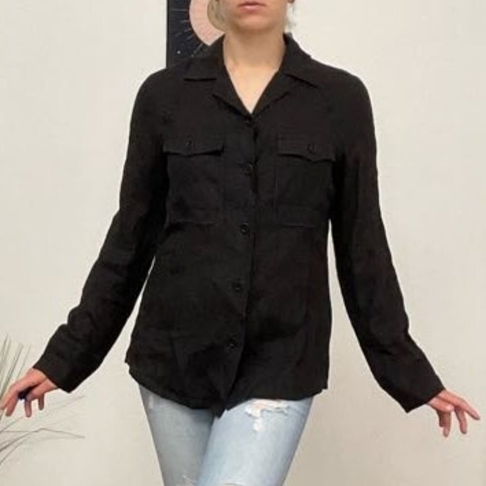 Philippe Adec Long Sleeve Button-Up Shirt Blouse Chest Pocket Size 4 Black